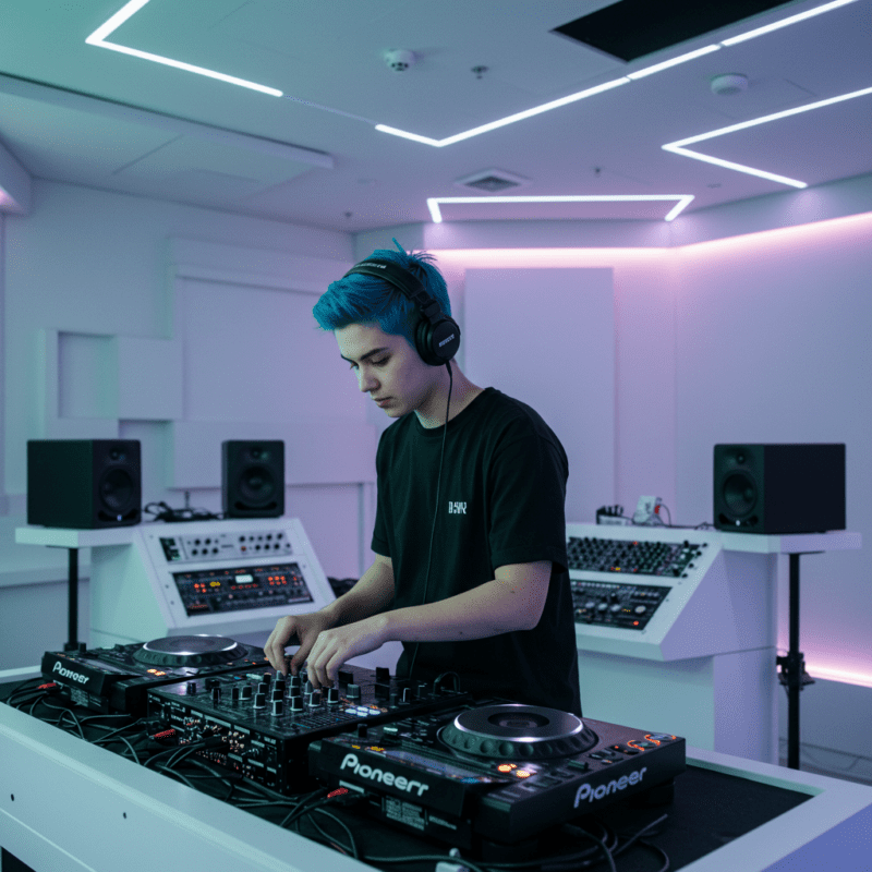 Jaunas DJ mokosi miksuoti muziką profesionalioje studijoje su garso aparatūra