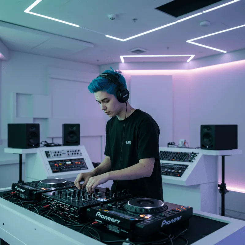 Jaunas DJ mokosi miksuoti muziką profesionalioje studijoje su garso aparatūra