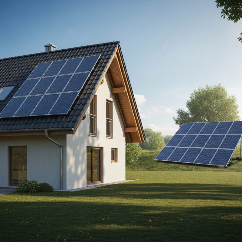 Saulės elektrinė ant stogo ir žemės gyvenamojoje aplinkoje saulėtą dieną